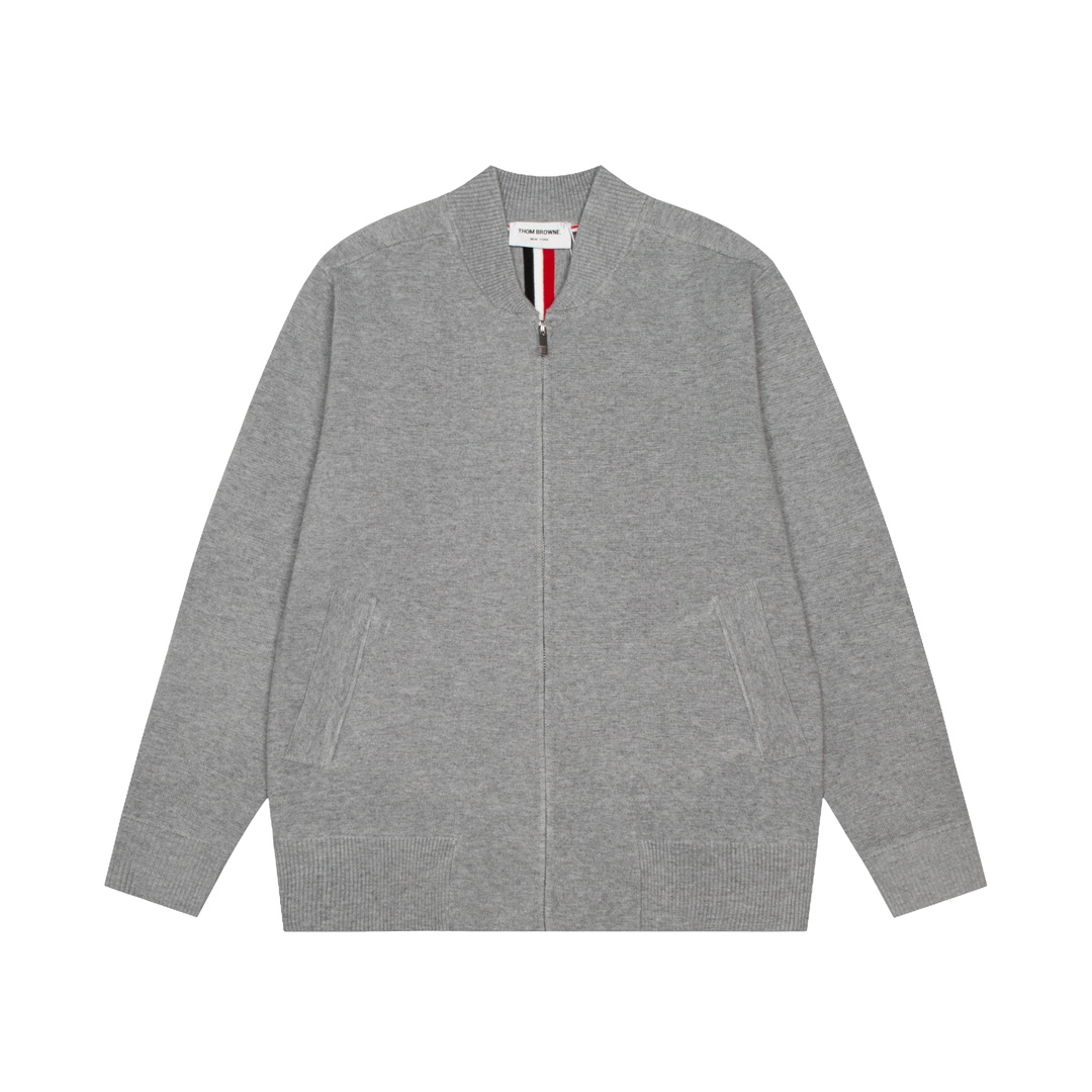 톰브라운(Thom Browne) 사선 암밴드 클래식 니트 집업 가디건 - 그레이