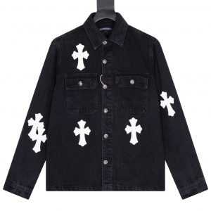 크롬하츠(Chrome Hearts)십자가 가죽 패치 블랙/화이트 데님 재킷