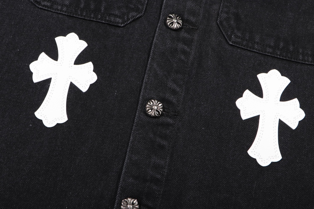 크롬하츠(Chrome Hearts)십자가 가죽 패치 블랙/화이트 데님 재킷 - 이미지 5
