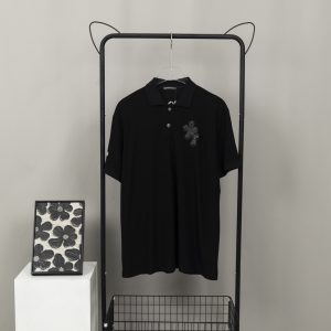 크롬하츠(Chrome Hearts)십자가 가죽 자수 플로럴 실버 버튼 반팔 폴로 티셔츠